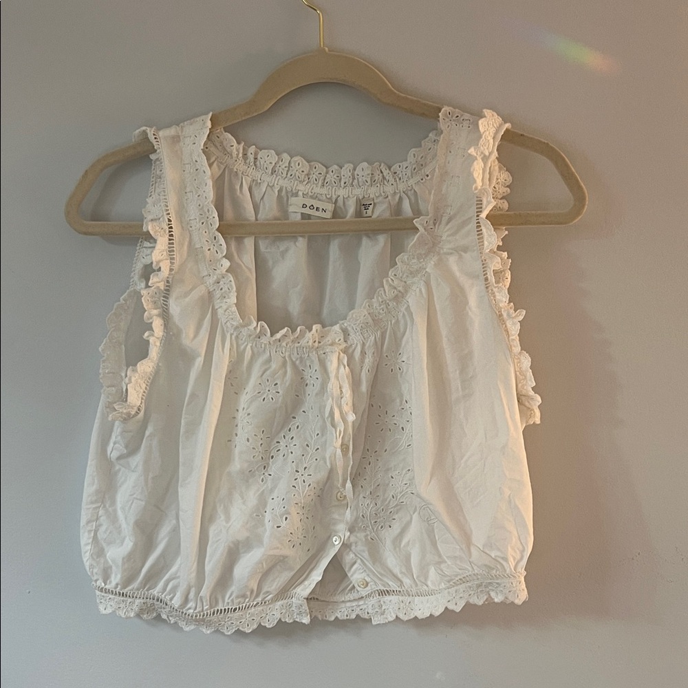 Doen White Eyelet Lace Trim Top
